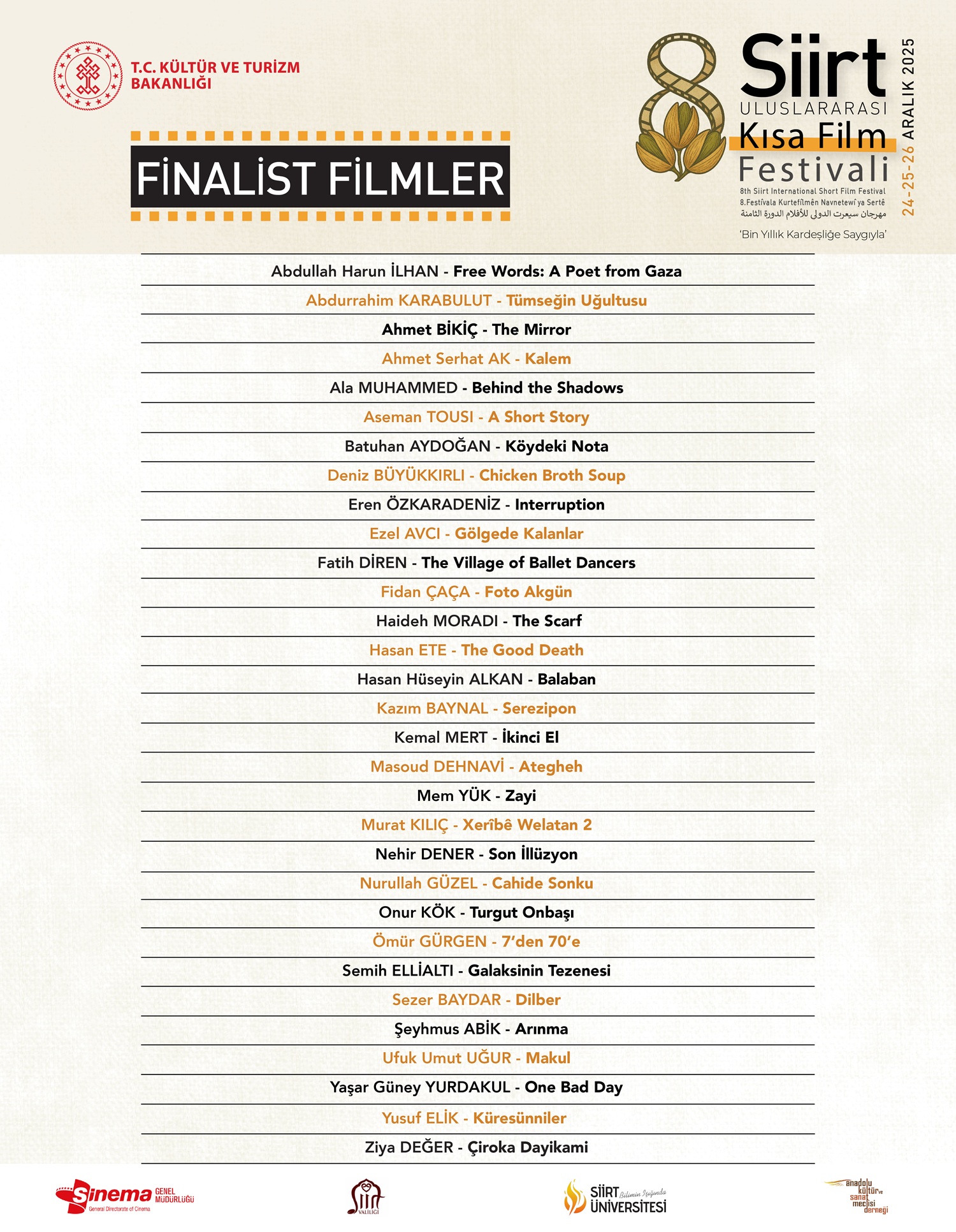 8. Siirt Uluslararası Kısa Film Festivali Finalist Filmler